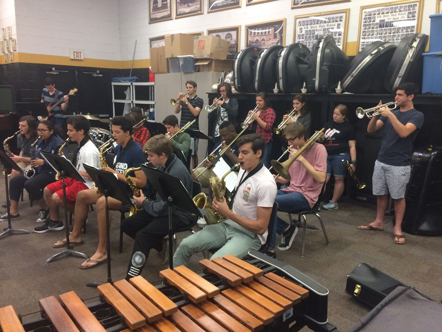 Jazz band rehearses in the band room.