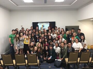 Some cast members from Into the Woods at the Florida State Thespian Festival pose with Chuck Wagner at his master class. Wagner, who played the original Rapunzels Prince in the Into the Woods, hosted a separate class with the entire cast at Plant.