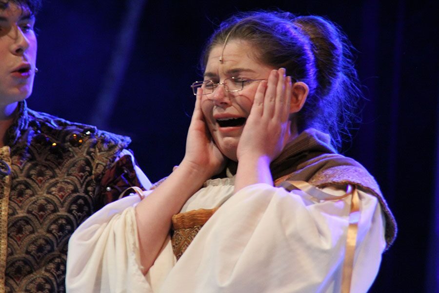 Acting as Cinderellas helper, junior Toni Keene performs during the production Into the Woods on April 12 in the Auditorium.