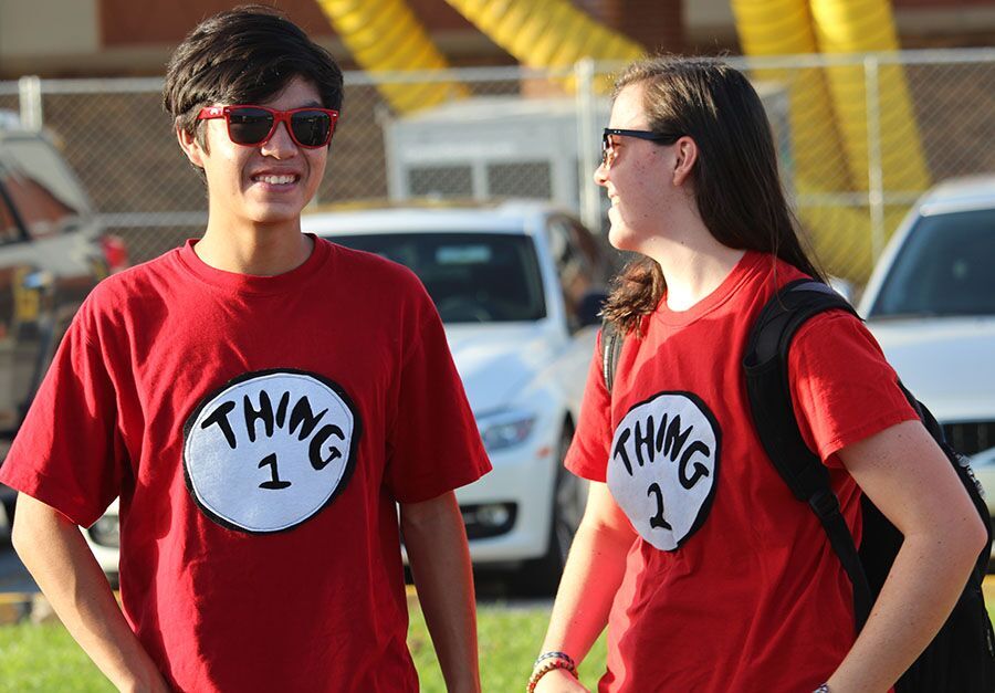 Dressed up as Thing One and Thing Two from Dr. Seuss’s “Cat in the Hat,