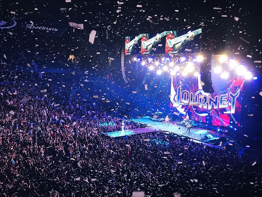 Confetti falls as the band Journey closes the concert with their hit “Don’t Stop Believin’.” The band played at Amalie Arena Saturday, Aug. 18, for their 2018 Tour with Def Leppard, which includes 60 shows.