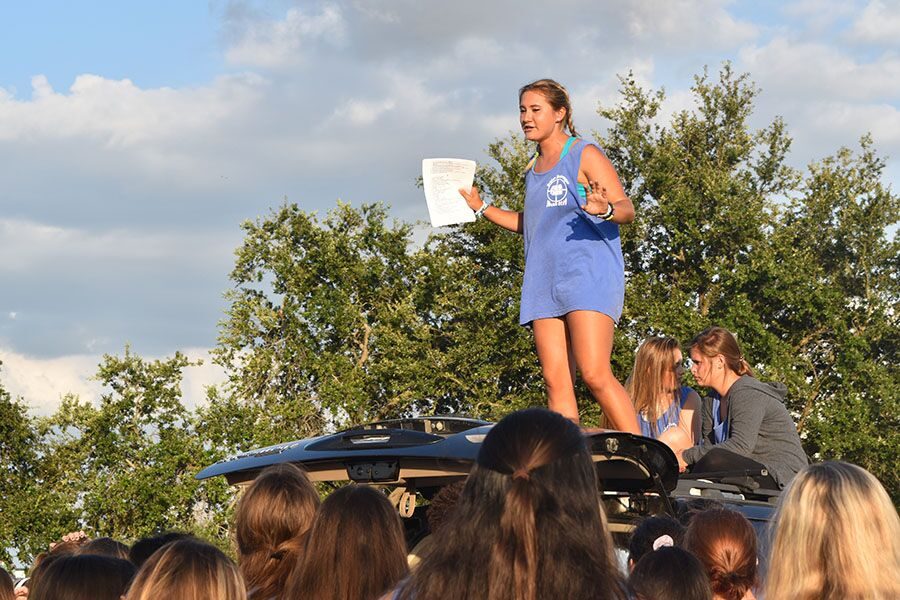 Announcing the rules, senior Executive Board member Lexi Ashby prepares participants for the start of the annual senior scavenger hunt on Saturday, Aug. 18. This event was not school sanctioned, resulting in necessity of student run rules and regulations to ensure a fair winner.