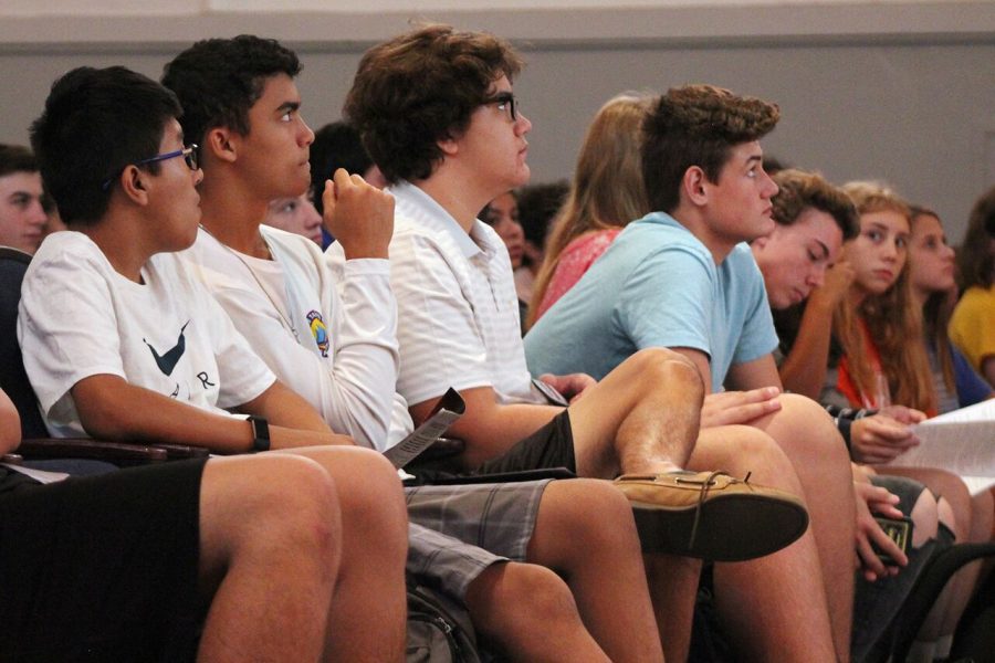  During the annual Narcotics Overdose Prevention and Education presentation, sophomores listen to three speakers on the importance of abstaining from drug and alcohol abuse in the auditorium Monday, Oct. 8. The presenters shared several experiences of students who overdosed on drugs. 