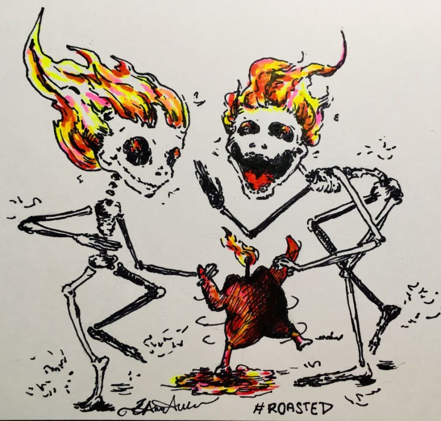 Undead Rotisserie – because It’s not Halloween until two flaming skeletons dance with a roast fowl.