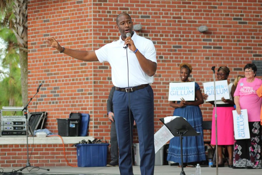 Speaking at the Women for Gillum rally, gubernatorial candidate Andrew Gillum campaigns for office at Waterworks Park Oct. 19. During the rally, he spoke about gun control, healthcare, criminal justice reformation and climate change.