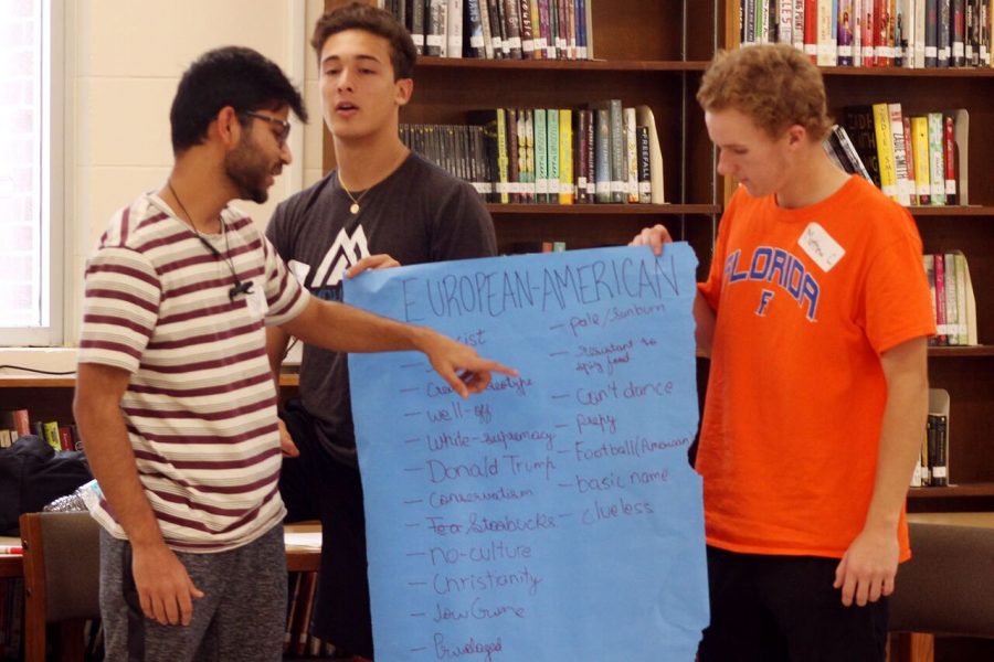 Standing up with a sign, senior Andrew Bensonoff, Matthew Coker and Shivam Singh present stereotypes on European-Americans Jan. 14 in the media center. The Student Advisory Committee gets help from guidance counselors, teachers and the school psychologist, Jim Landers.