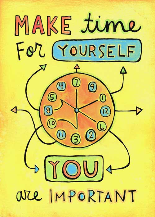 Depicting a series of arrows to represent how one way of self-care is making time for yourself, the image emphasizes time management as a method of self-care. Time management leaves more time to relax and focus on things that make the individual happy. 