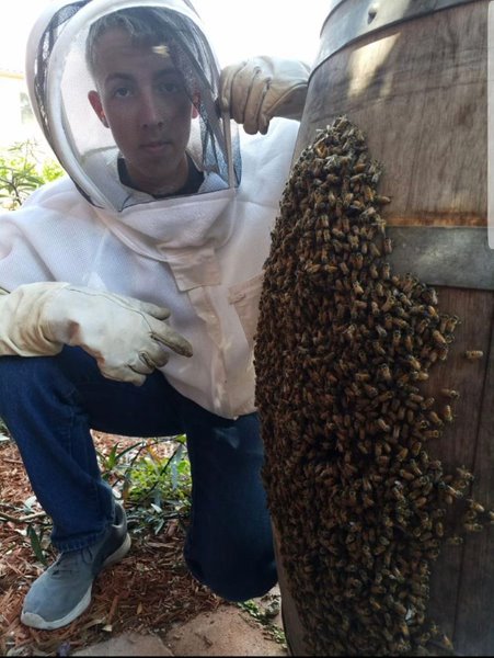 Sitting by where he keeps his bees, senior Sherman Lacost poses with a group of bees that he cares for. Lacost has kept bees after being encouraged by his father and looks forward to continuing to in the future. Photo courtesy of Sherman Lacost