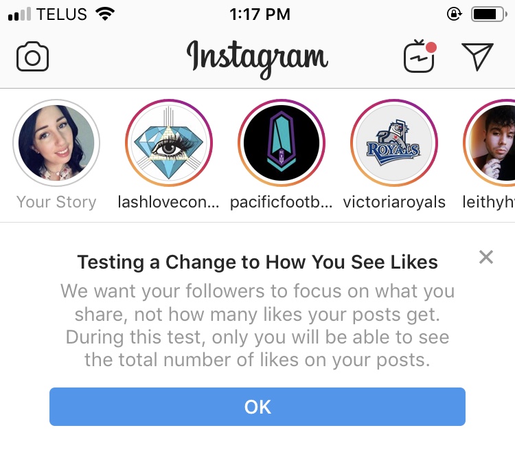 Displaying a test to see if users like an upcoming feature, the app Instagram uses alerts and testing to see whether their new feature is liked among users. After testing the removal of the number of likes was instated in early Dec. 2019. Photo courtesy of victoriabuzz.com. 