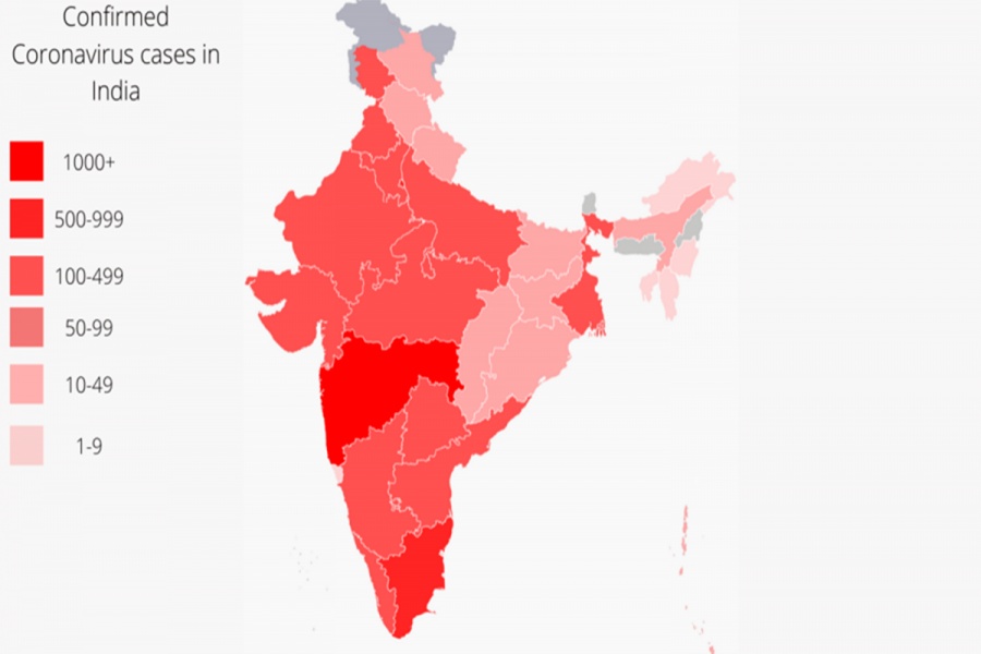 This map shows the number of confirmed cases of the Coronavirus throughout various states in India. An extremely high poverty rate and lack of drinkable water, coupled with a healthcare system is underfunded, are the main reasons for their inability to have handled a crisis like COVID-19.  
