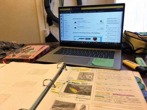 Ready for school, senior Toni Keene’s set-up includes her laptop and an open binder. Keene mentioned her emotional stress of being a senior and not being able to attend school in the way that she had hoped.