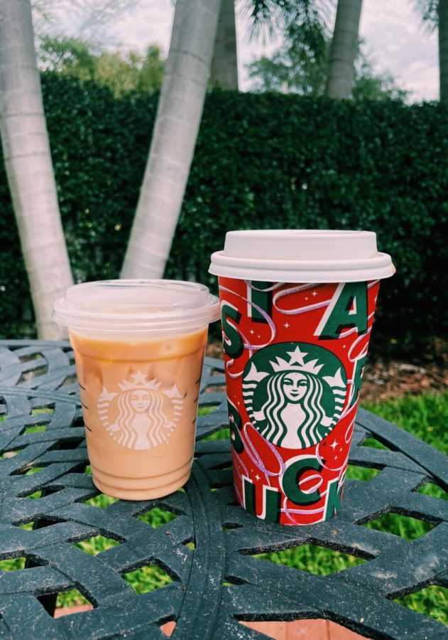 On the left is the new “iced sugar cookie almond milk latte” that Starbucks has just released. Scroll to learn more about the coffee companys festive drinks returning.  
