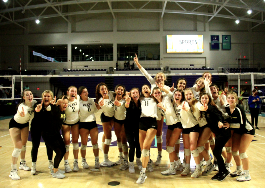 The Plant panthers all celebrating after winning the class 7A volleyball championship game. Everyone was smiling after their 3-2 victory again Windermere.