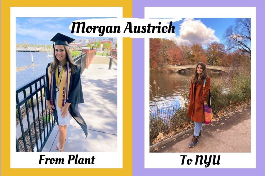 Posing+then+and+now%2C+a+former+Plant+High+School+student%2C+Morgan+Austrich%2C+shares+about+her+experience+at+NYU.+Now%2C+after+spending+4+years+at+Plant+High+School%2C+Morgan+Austrich+just+finished+her+first+semester+as+a+NYU+student+double+majoring+in+art+history+and+architecture.++