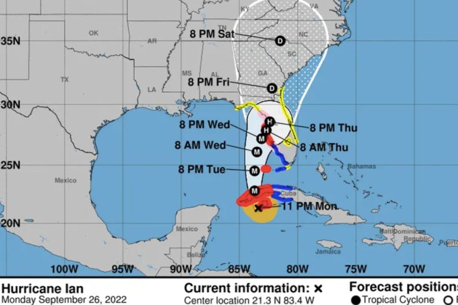 On Sept. 26, the National Hurricane Center predicts Hurricane Ian’s path, potentially hitting Tampa as a major hurricane. Tampa experienced much better conditions than forecasted, as Ian made landfall 100 miles south of Tampa, in Lee County. [National Hurricane Center] 
