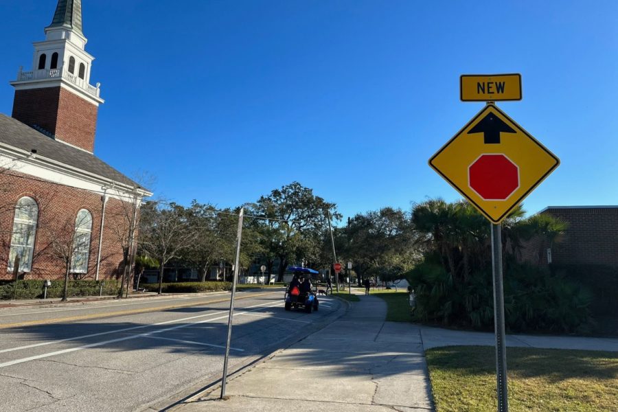 The new stop sign stands at the front entrance of Plant, at the intersection of San Jose St. and Himes Ave. Three all-way stops were added last week to ensure the safety of student pedestrians.  