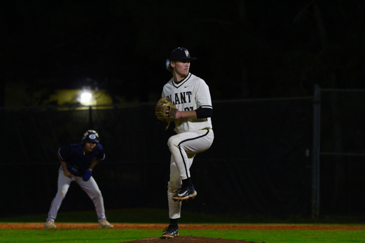 Mitchel Doane, a relief pitcher who came in halfway through the seventh inning, prepares to pitch. Plant used four pitchers during the game against Gaither. 