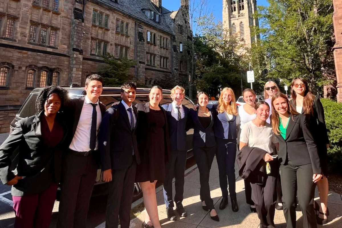 Members of the Plant High School mock trial team stand outside Yale Law School, where they competed in the national mock trial championship.