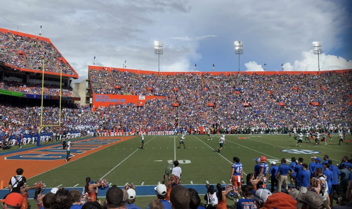 Fans watch as the University of Florida kicks off against the University of South Florida on Saturday, Aug. 6, 2025, in Gainesville. USF won the game 18–16, concluding the non-conference matchup between the two teams  