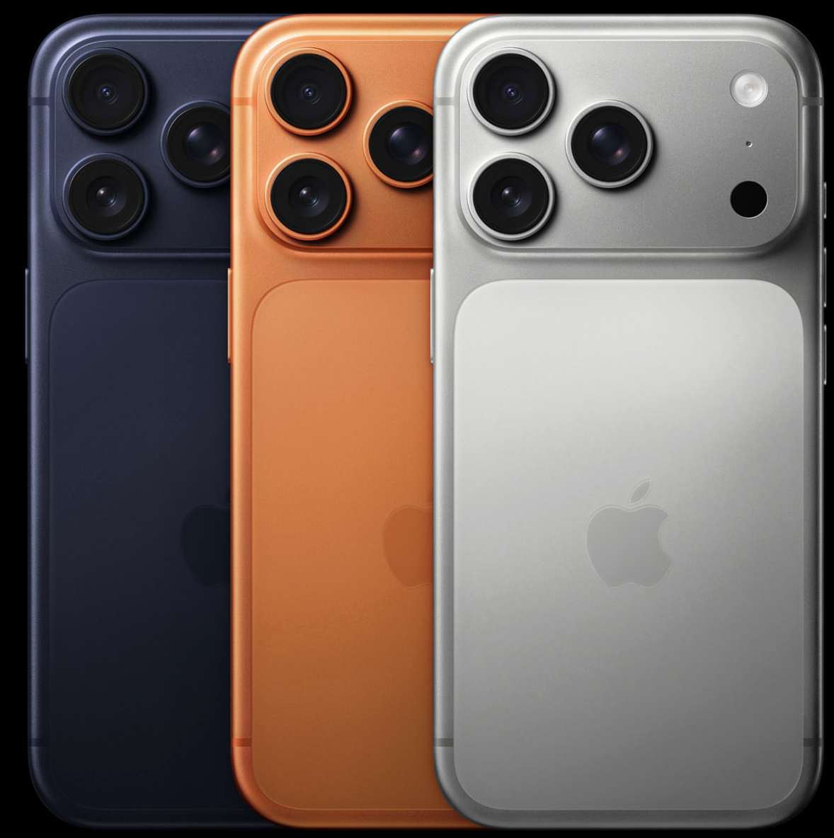 Apple's new iPhone 17 pro lineup comes in 3 distinct colors: Midnight Blue (Left), Cosmic Orange (Center) and Silver (Right). The release of the new iPhone included the release of other items, like a new Apple Watch.