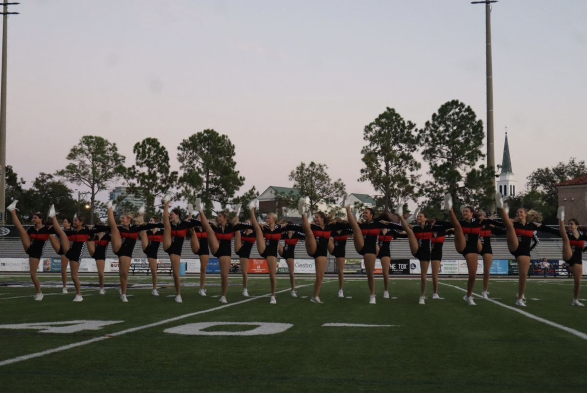 The Danceros perform a kick line during Panther Prowl. The event took place on Oct. 8, 2025, at Plant High School. 