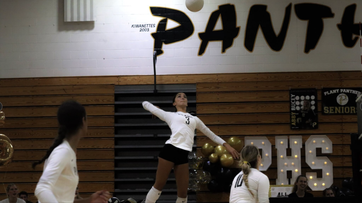 Kaia O'Malley prepares to make a hit at the volleyball game against Steinbrenner. O'Malley scored the point and helped lead the team to a win. 