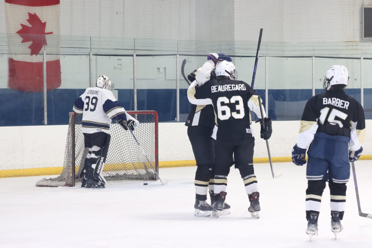 Two teammates celebrate after senior, Beauregard, scores a goal. The play contributed to the team’s 8-2 win on senior night. 