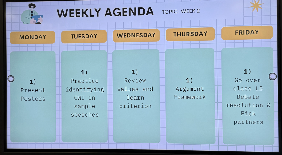 The weekly agenda for Donald Moorman's Debate Class is shown in the image above. Moorman is an English and Debate teacher at Plant High School.
