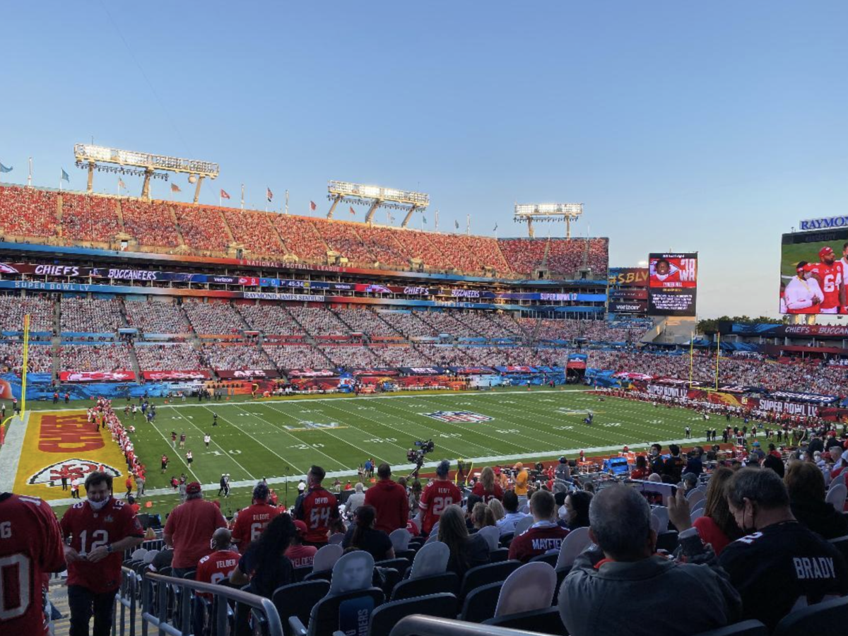 Raymond James stadium during Super Bowl 55 where the Buccaneers played the Chiefs was the first ever home-field Super Bowl. The Bucs won 31-9.