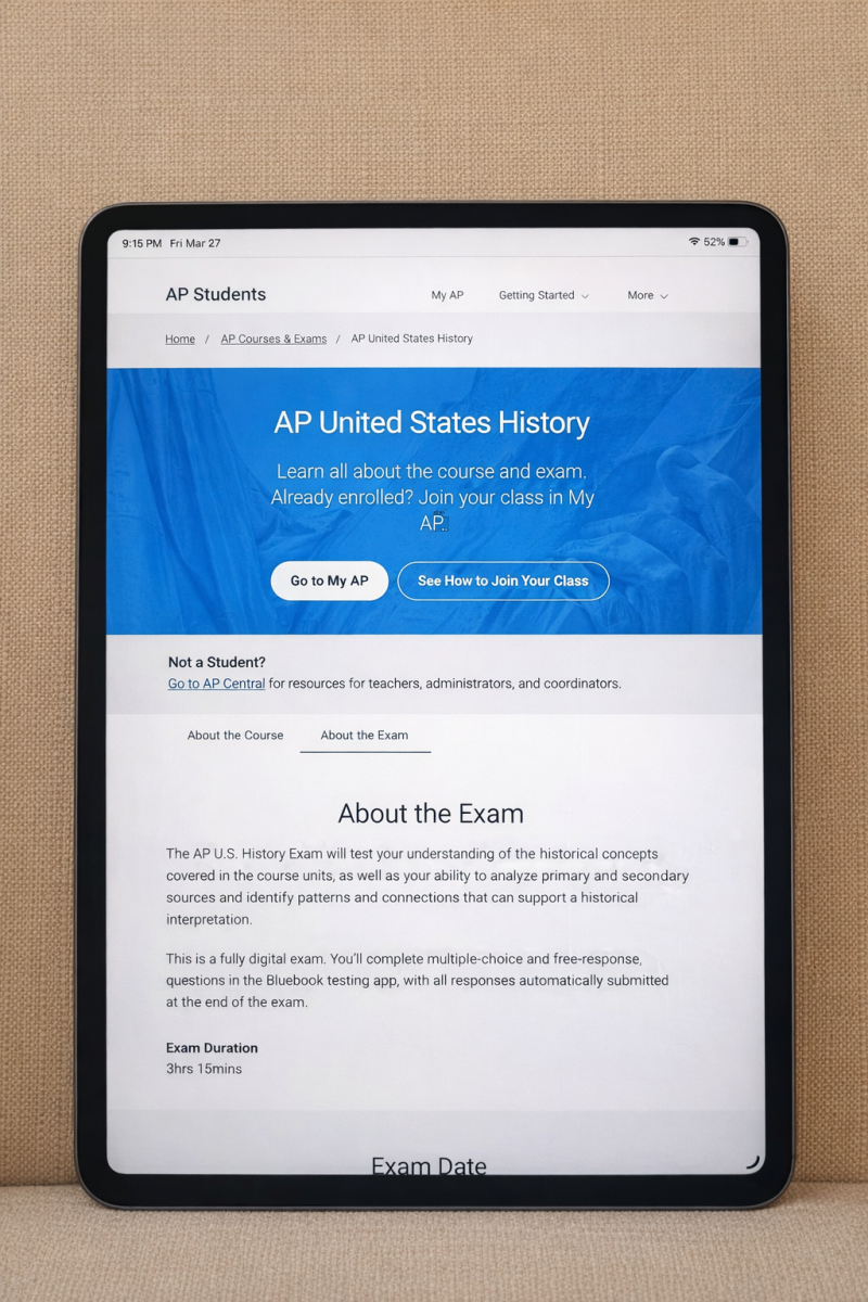 A junior studies AP U.S. History exam details on an iPad while preparing for a test. Some students spend several hours reviewing material and test content. 