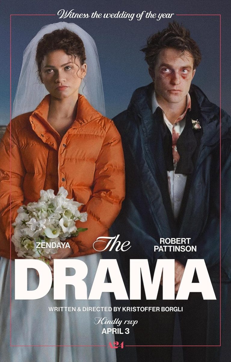 A bride in an orange puffer jacket holds white flowers while a disheveled groom stands beside her, both looking anything but thrilled on their wedding day. The Drama, written and directed by Kristoffer Borgli, opened in theaters April 3 via A24 and stars Zendaya and Robert Pattinson. 
