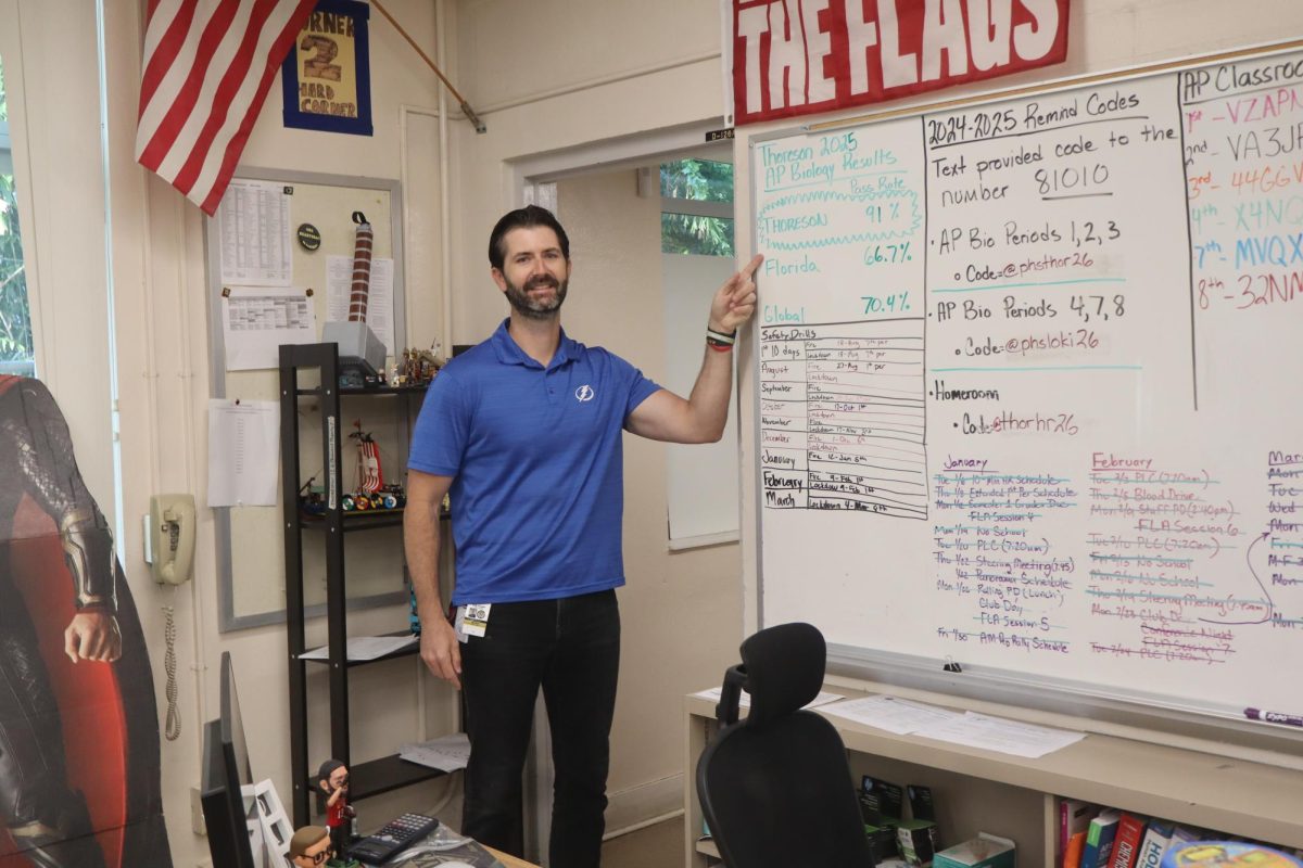 Kurt Thoreson has been the AP Biology teacher at Plant High School for several years. His rigorous review routine contributes to a high average score on the AP exam, as he is shown here pointing.